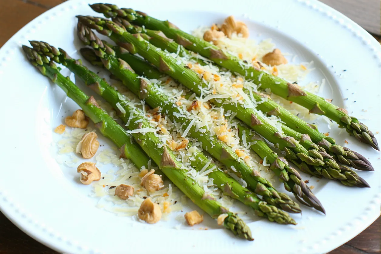 Recette des asperges grillées au parmesan et noisettes