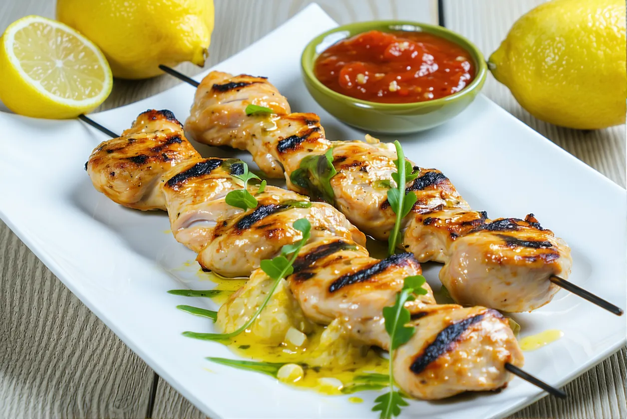 Recette des brochettes de poulet au yaourt, citron et ail des ours