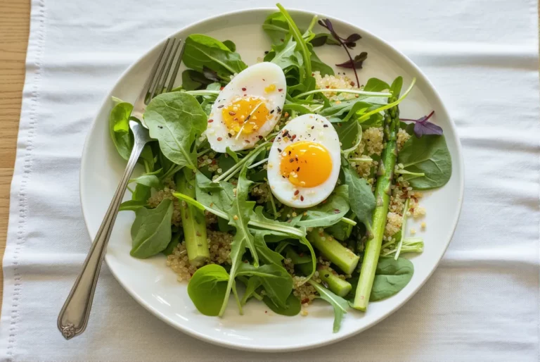 Une salade tiède d’asperges, quinoa et oeuf mollet