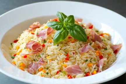 Salade de riz façon sud-ouest, avec maïs, poivron et jambon cru