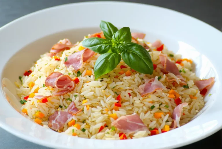 Salade de riz façon sud-ouest, avec maïs, poivron et jambon cru