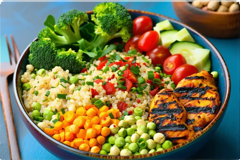 Buddha bowl végétarien au quinoa, pois chiches et légumes grillés – recette healthy et rassasiante
