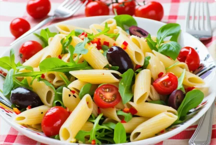 Salade de pâtes colorée au thon, maïs et tomates cerises – repas complet et pratique à emporter