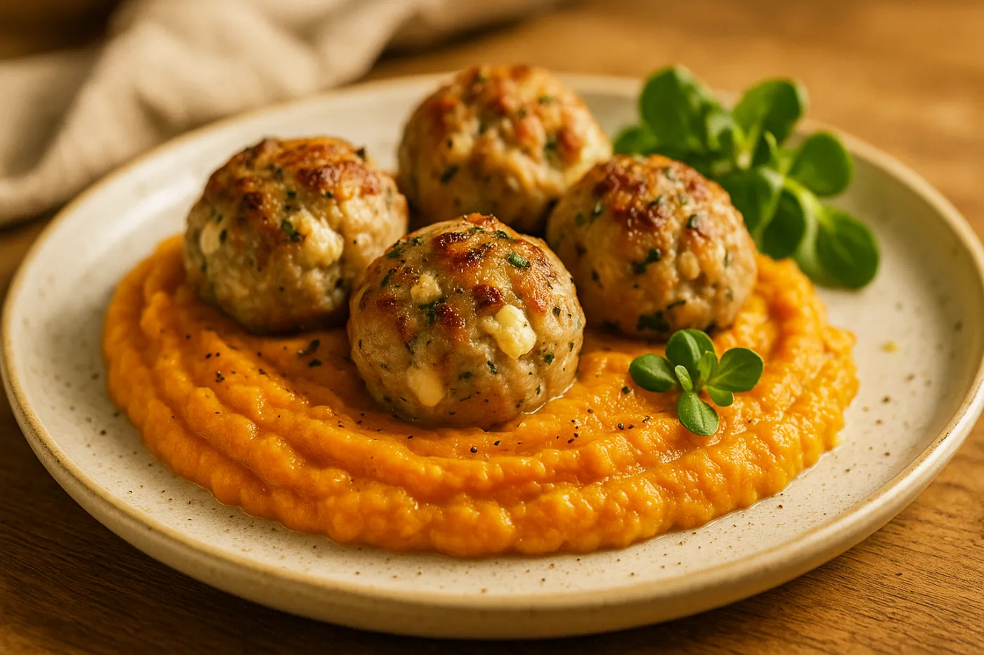 Boulettes de dinde à la feta, purée de patate douce ultra onctueuse