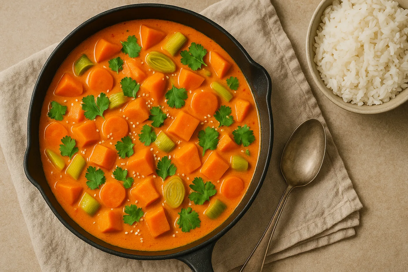 Curry rouge thaï aux légumes de saison (carotte, poireau, patate douce) : le plat complet pour toute la famille