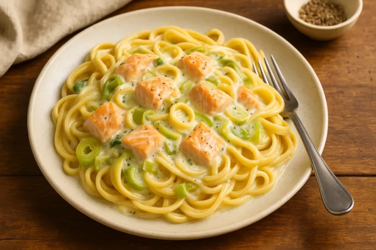 Pâtes crémeuses poireau-saumon : un délicieux repas express en 15 min