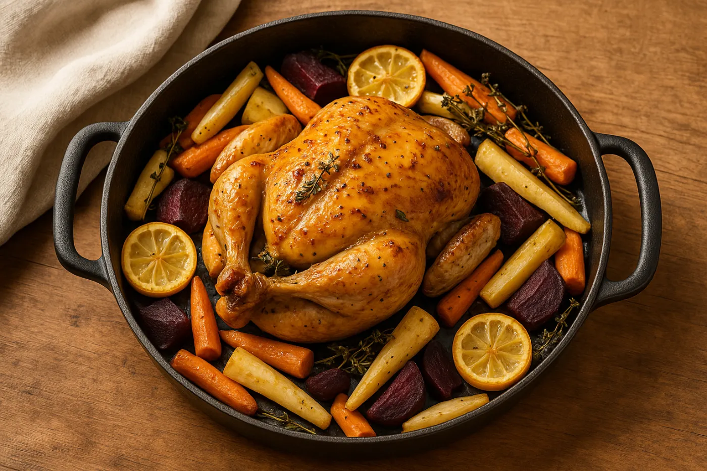 Poulet rôti du dimanche citron & thym revisité, légumes racines oubliés