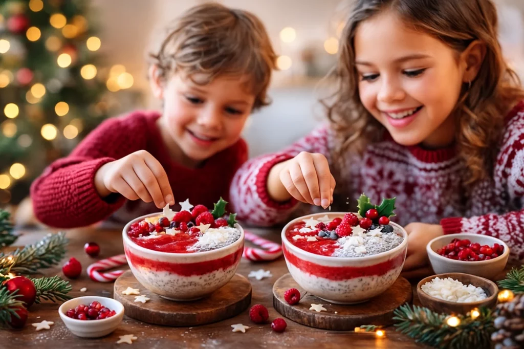 Smoothie bowl de Noël rouge et blanc : le petit-déjeuner festif que les enfants décorent eux-mêmes