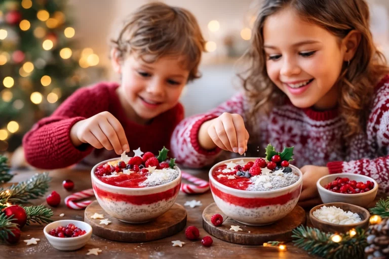 Smoothie bowl de Noël rouge et blanc : le petit-déjeuner festif que les enfants décorent eux-mêmes