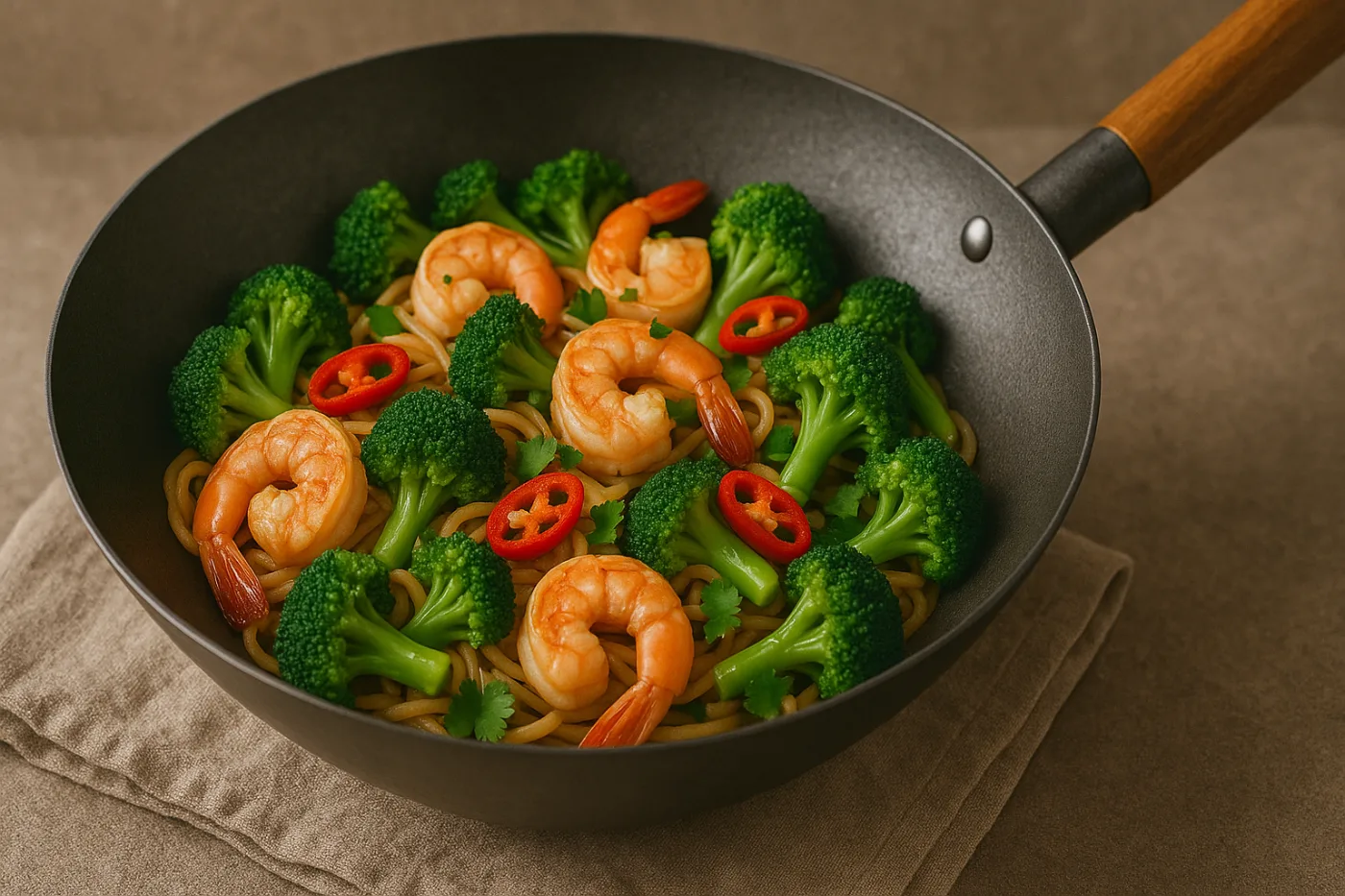 Wok thaï express aux crevettes et brocoli : 20 minutes chrono pour une jeune maman pressée